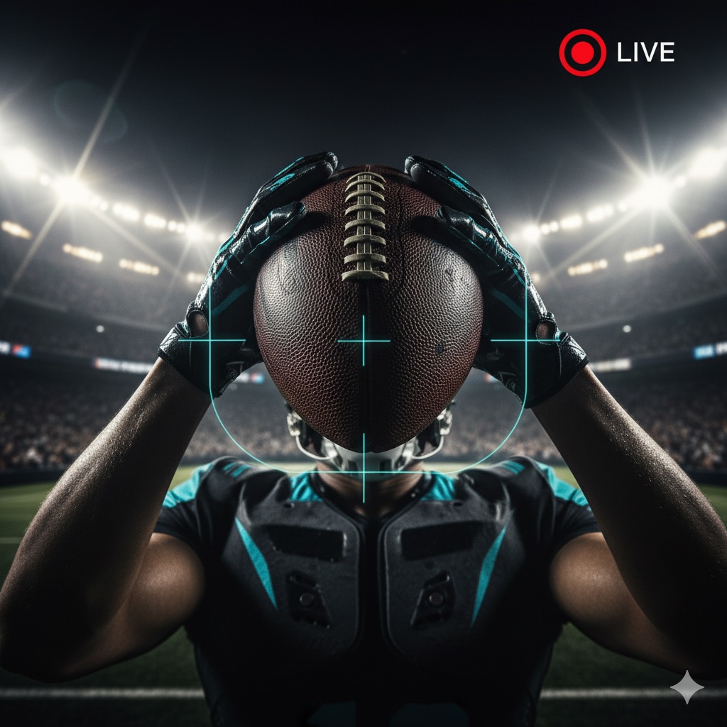 Athlete's POV focus on the field with a digital overlay.